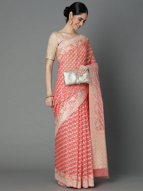 Peach Cotton Blend Jacquard Saree With Gold Border And Pallu