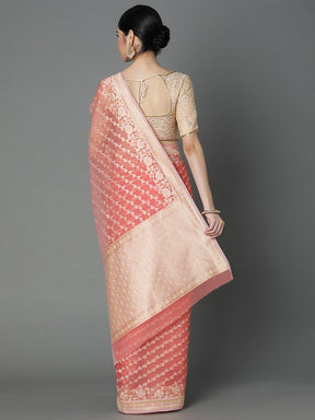 Peach Cotton Blend Jacquard Saree With Gold Border And Pallu