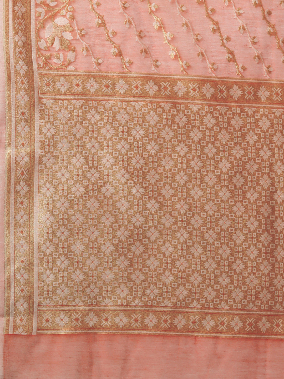 Peach Cotton Blend Jacquard Saree With Gold Border And Pallu