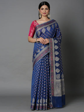 Blue Cotton Blend Jacquard Saree With Self Border And Detailed Pallu