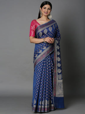 Blue Cotton Blend Jacquard Saree With Self Border And Detailed Pallu