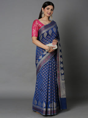 Blue Cotton Blend Jacquard Saree With Self Border And Detailed Pallu