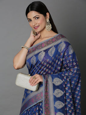 Blue Cotton Blend Jacquard Saree With Self Border And Detailed Pallu