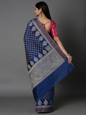 Blue Cotton Blend Jacquard Saree With Self Border And Detailed Pallu