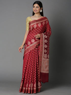 Maroon Cotton Blend Jacquard Saree With Self Border And Detailed Pallu