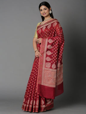 Maroon Cotton Blend Jacquard Saree With Self Border And Detailed Pallu