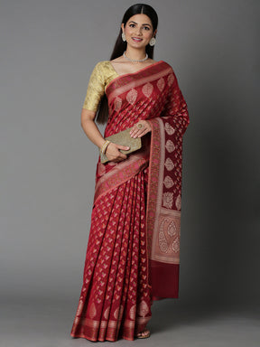 Maroon Cotton Blend Jacquard Saree With Self Border And Detailed Pallu