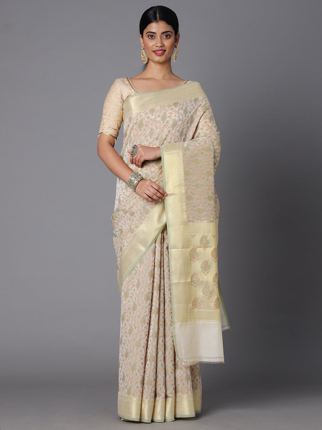 Cream Cotton Blend Jacquard Saree With Floral Jacquard All Over