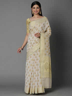 Cream Cotton Blend Jacquard Saree With Paisley Jacquard All Over