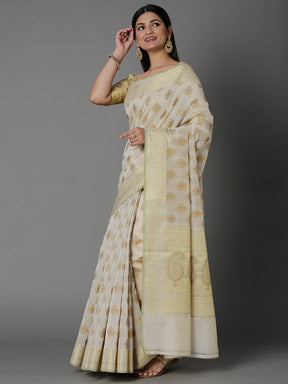 Cream Cotton Blend Jacquard Saree With Paisley Jacquard All Over