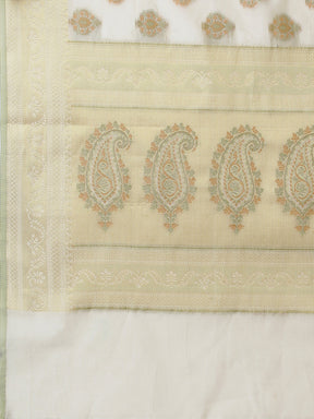 Cream Cotton Blend Jacquard Saree With Paisley Jacquard All Over