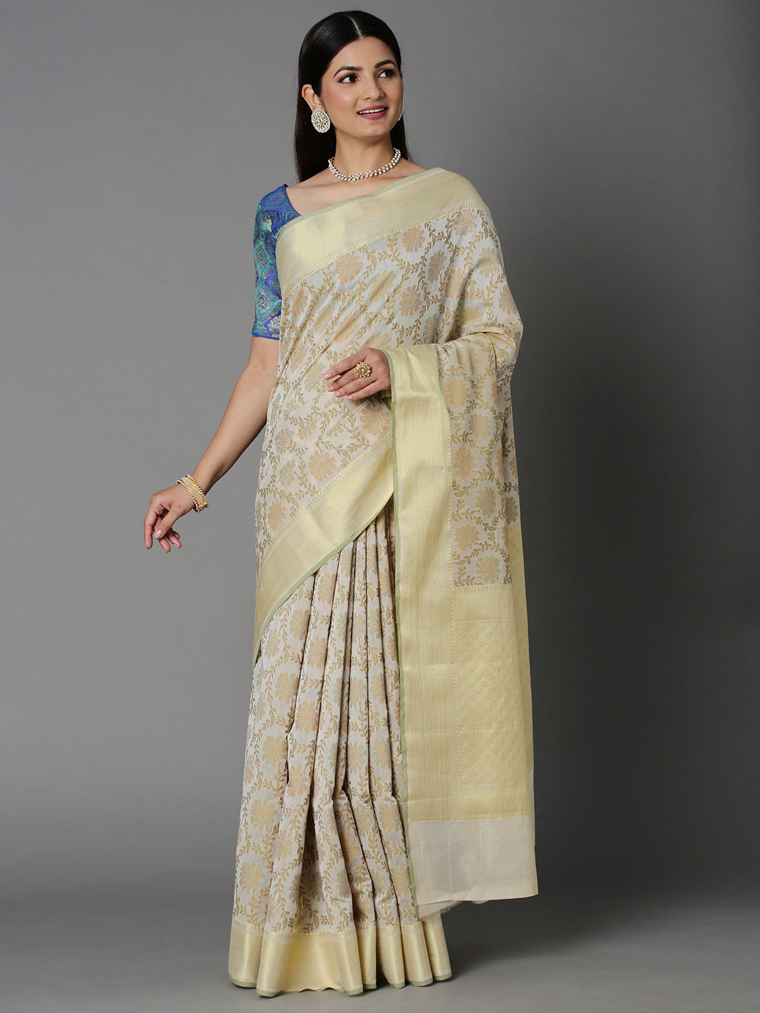 Cream Cotton Blend Saree With Gold Floral Jacquard All Over