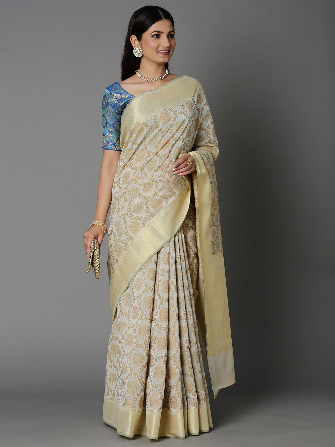 Cream Cotton Blend Saree With Gold Floral Jacquard All Over