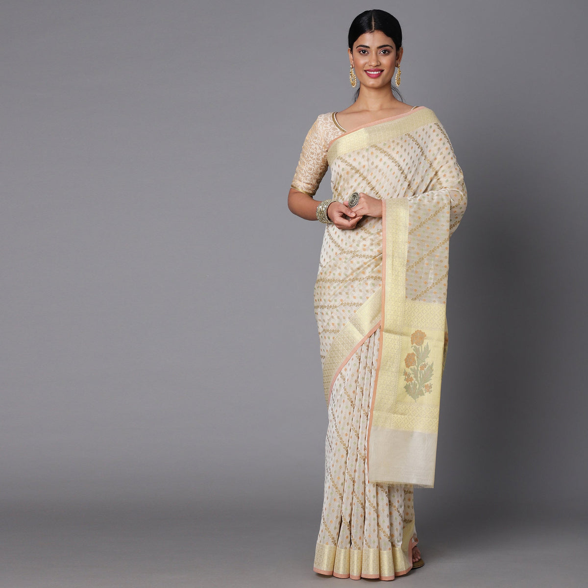 Cream Cotton Blend Saree With Multi Color Geometric Jacquard All Over