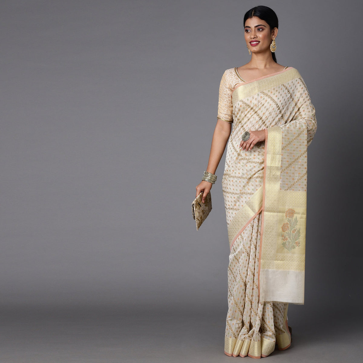 Cream Cotton Blend Saree With Multi Color Geometric Jacquard All Over