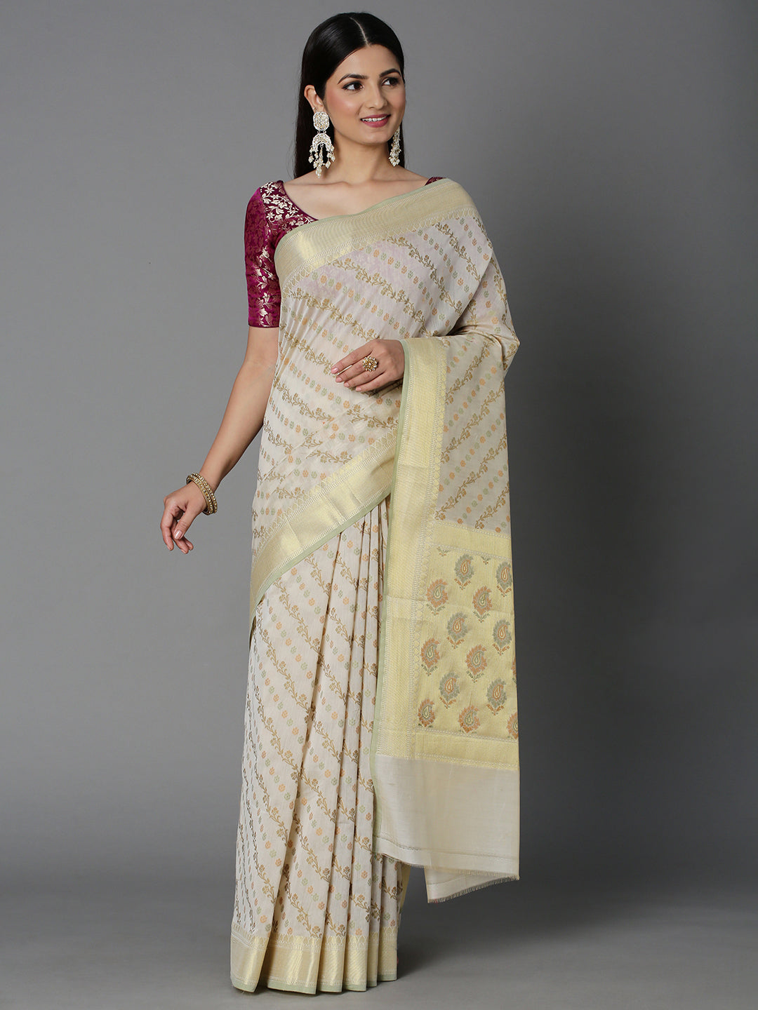 Cream Sheer Cotton Blend Saree With Linear Jacquard With Gold Highlight