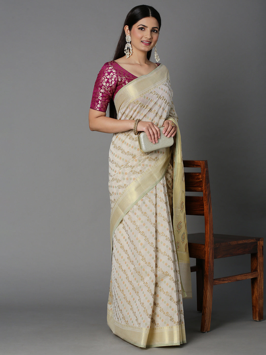 Cream Sheer Cotton Blend Saree With Linear Jacquard With Gold Highlight