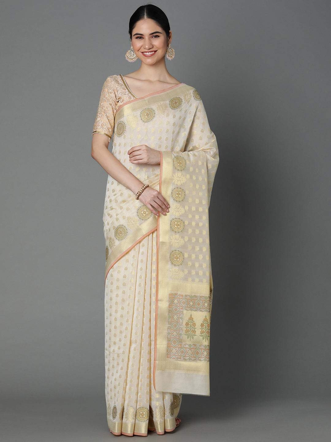 Cream Sheer Blend Saree With Ethnic Butti Jacquard All Over With Border And Pallu