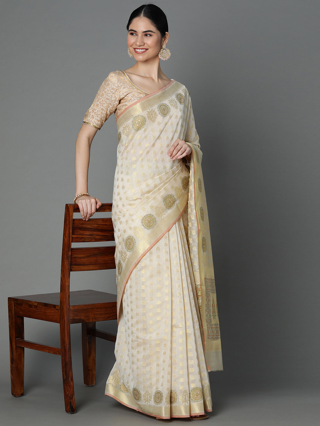 Cream Sheer Blend Saree With Ethnic Butti Jacquard All Over With Border And Pallu