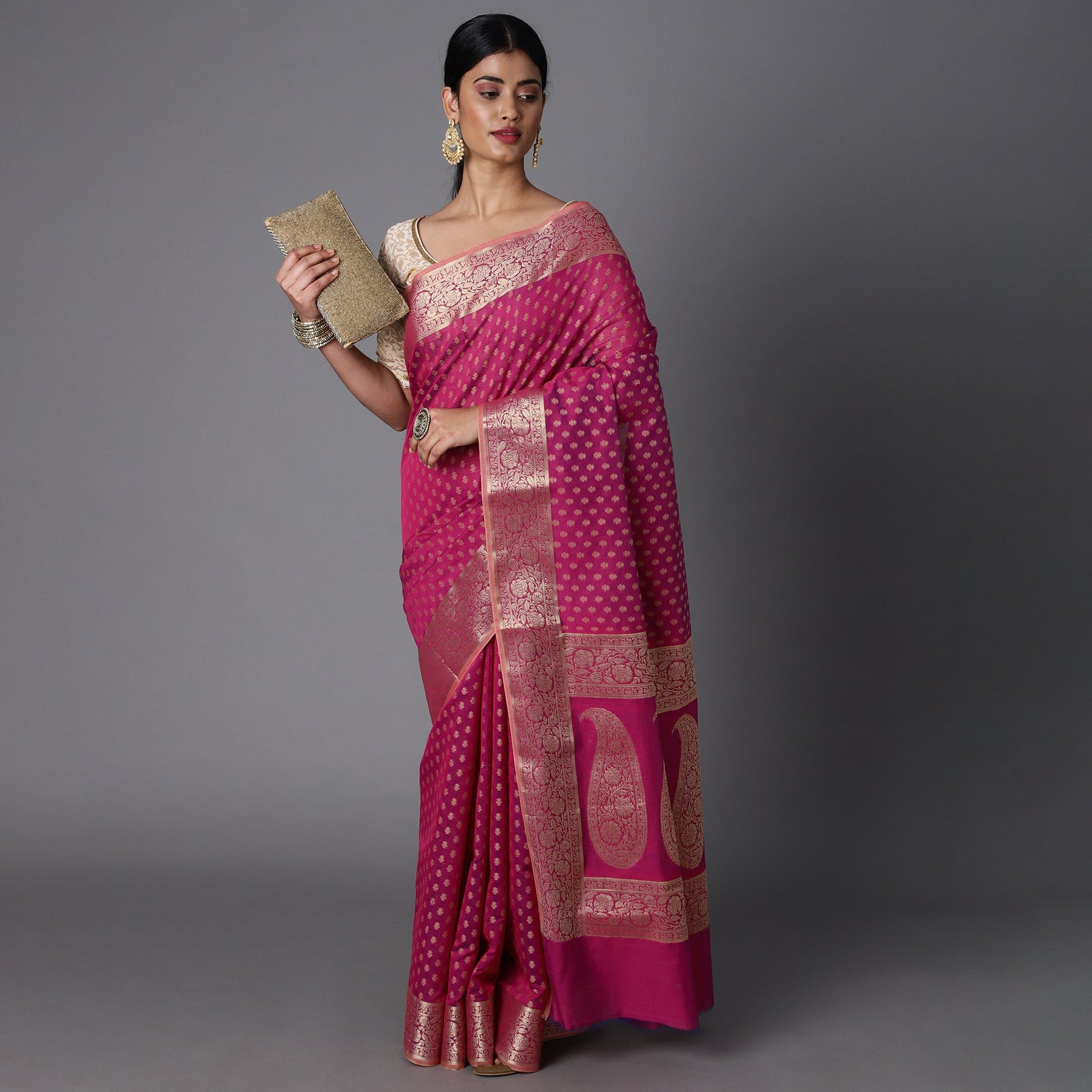 Features A Sheer Cotton Blend Saree With Jacquard Ethnic Buttis All Over