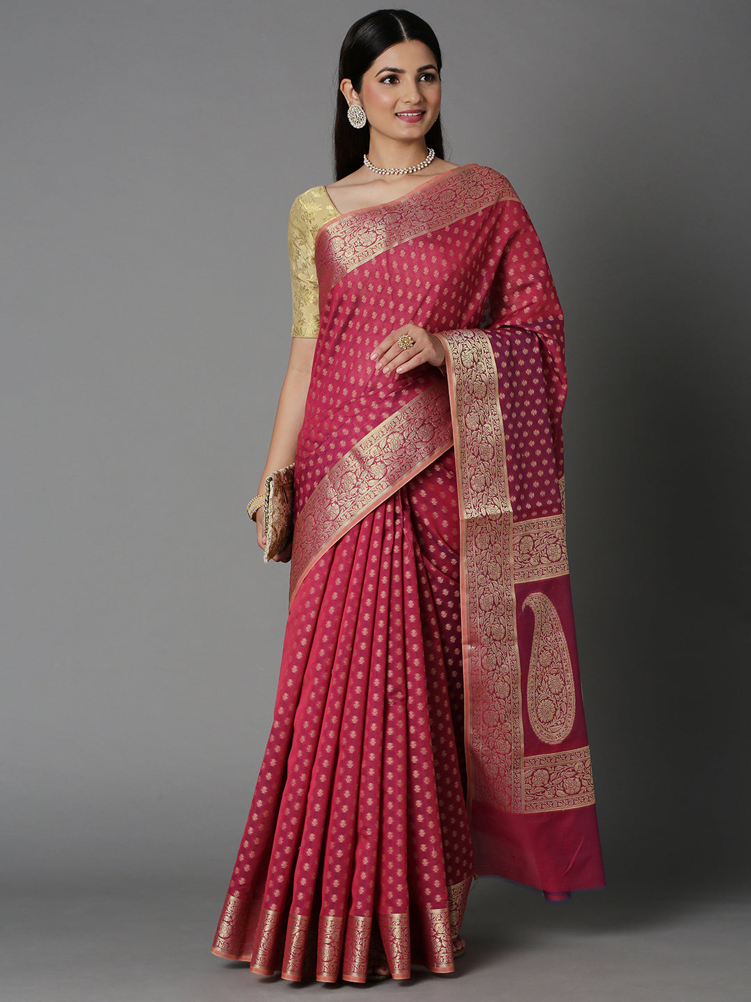 Features A Sheer Cotton Blend Saree With Jacquard Ethnic Buttis All Over