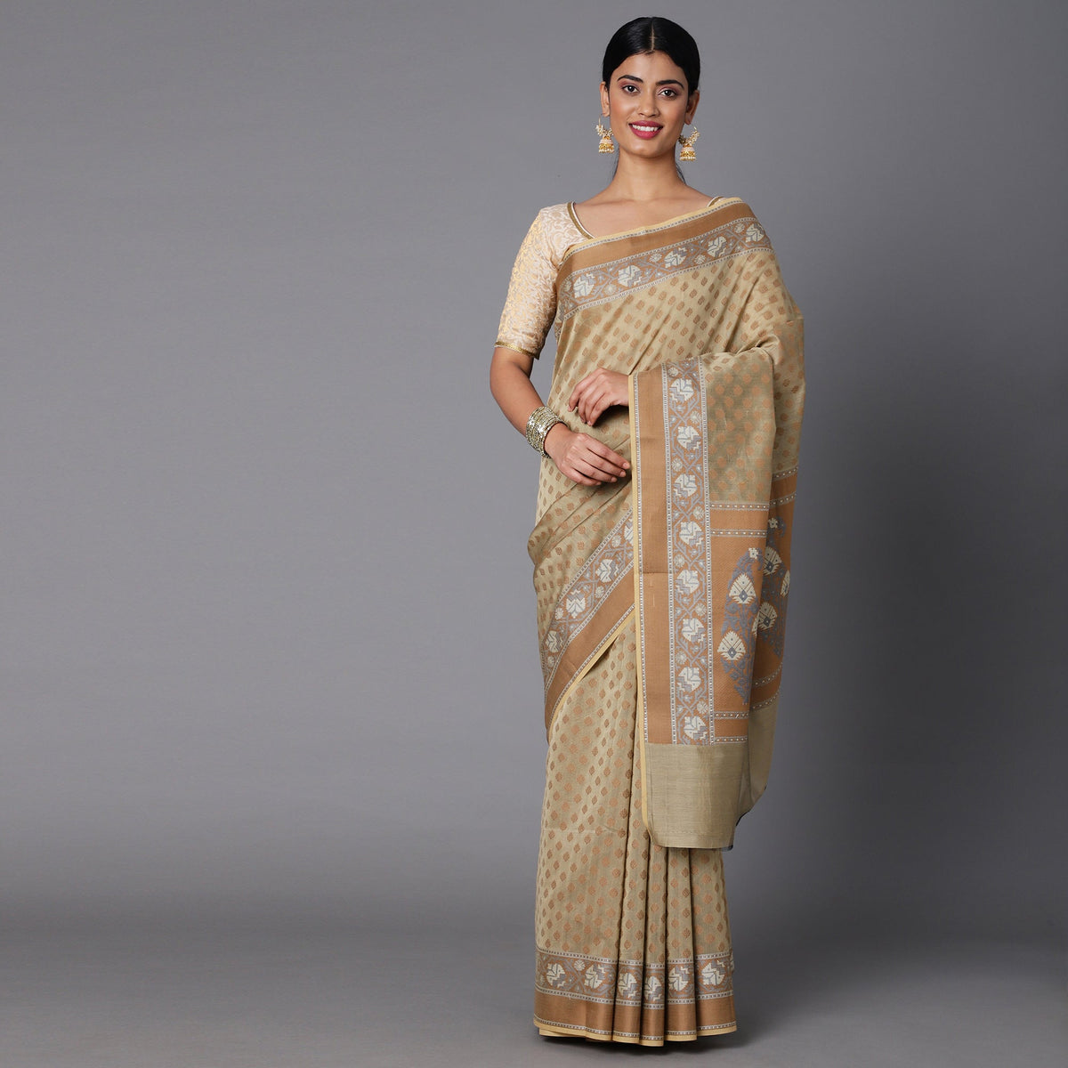 Beige Cotton Blend Contrast Color Jacquard Saree With Copper Highlights