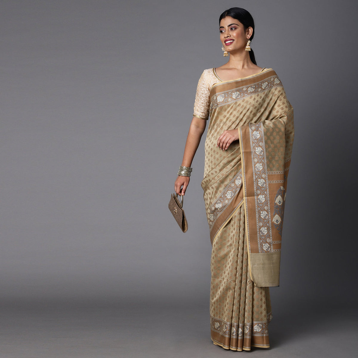 Beige Cotton Blend Contrast Color Jacquard Saree With Copper Highlights