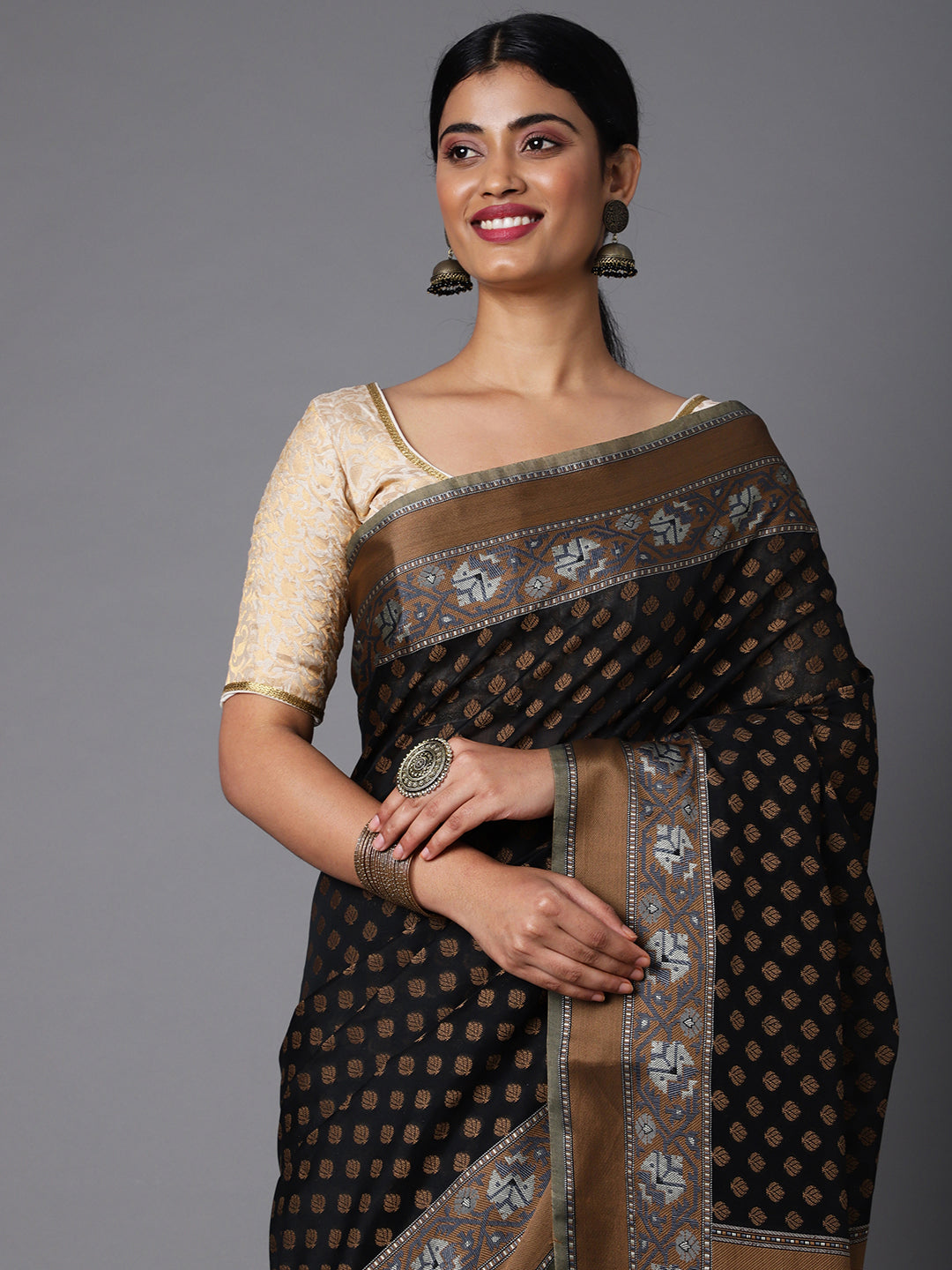 Black Cotton Blend Contrast Color Jacquard Saree With Copper Highlights