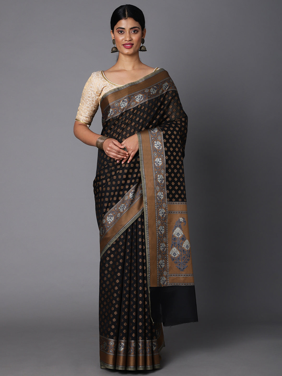 Black Cotton Blend Contrast Color Jacquard Saree With Copper Highlights