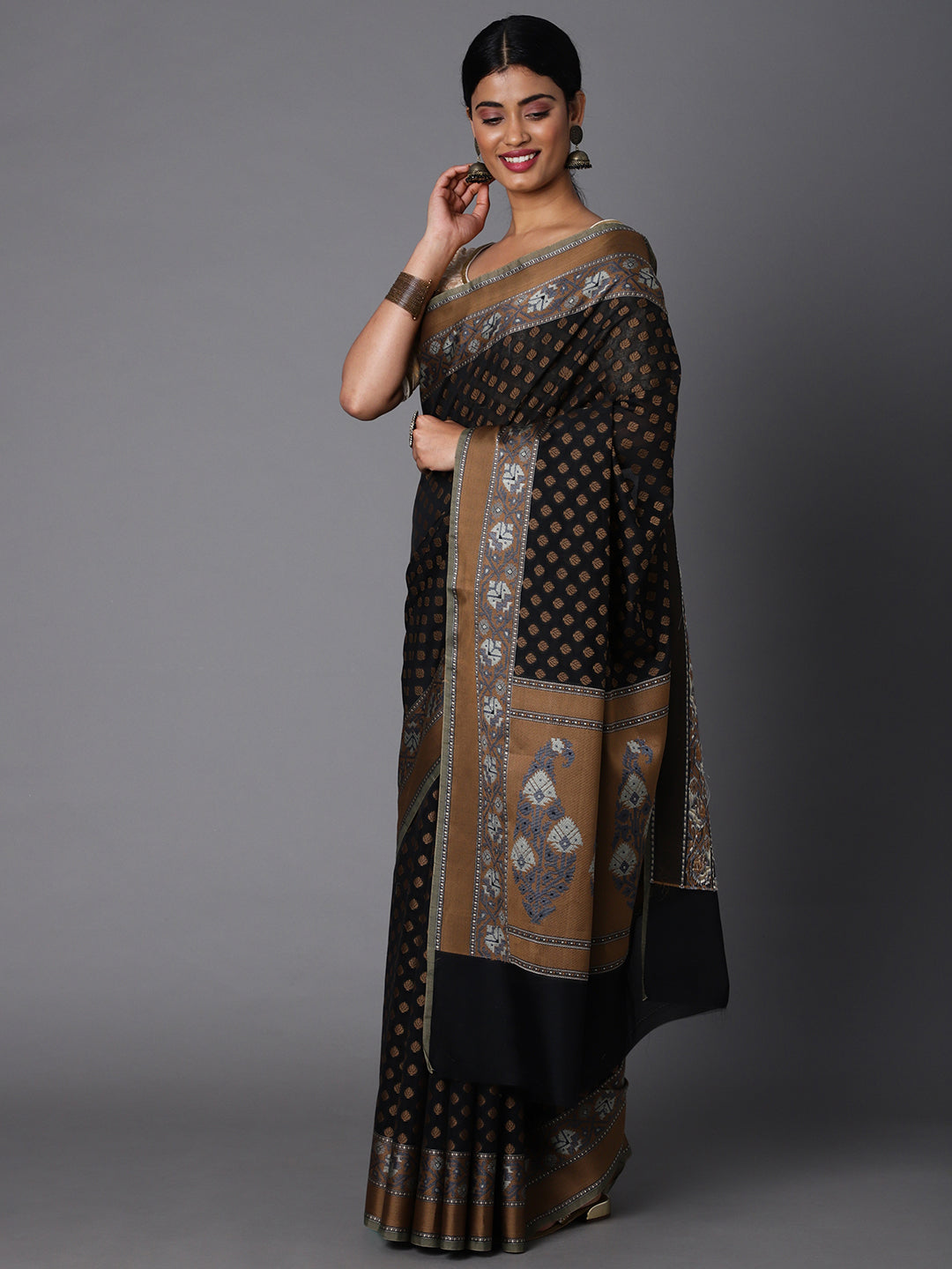 Black Cotton Blend Contrast Color Jacquard Saree With Copper Highlights