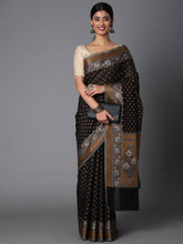 Black Cotton Blend Contrast Color Jacquard Saree With Copper Highlights