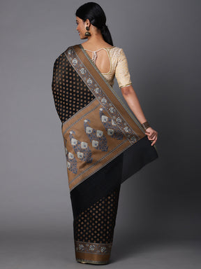 Black Cotton Blend Contrast Color Jacquard Saree With Copper Highlights