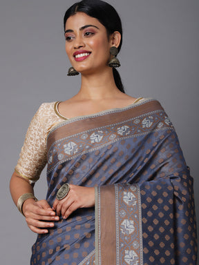 Gray Cotton Blend Contrast Color Jacquard Saree With Copper Highlights