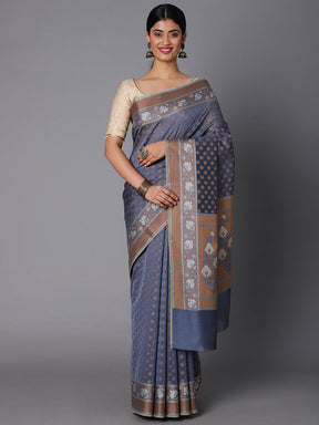 Gray Cotton Blend Contrast Color Jacquard Saree With Copper Highlights