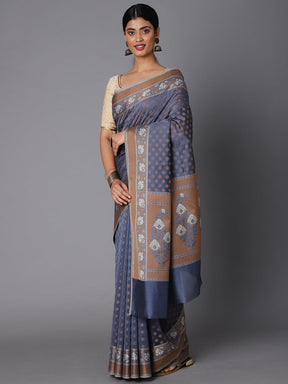 Gray Cotton Blend Contrast Color Jacquard Saree With Copper Highlights