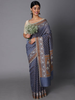 Gray Cotton Blend Contrast Color Jacquard Saree With Copper Highlights