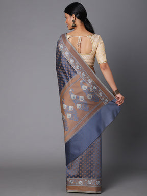 Gray Cotton Blend Contrast Color Jacquard Saree With Copper Highlights