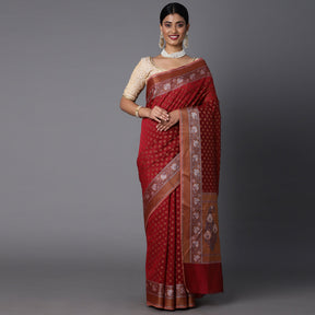 Magenta Cotton Blend Contrast Color Jacquard Saree With Copper Highlights