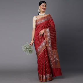 Magenta Cotton Blend Contrast Color Jacquard Saree With Copper Highlights