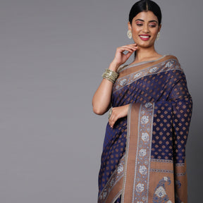 Navy Blue Cotton Blend Contrast Color Jacquard Saree With Copper Highlights