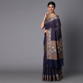 Navy Blue Cotton Blend Contrast Color Jacquard Saree With Copper Highlights