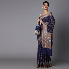 Navy Blue Cotton Blend Contrast Color Jacquard Saree With Copper Highlights