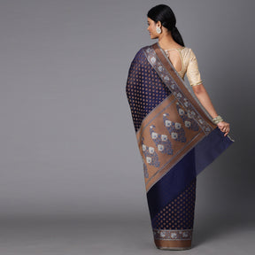 Navy Blue Cotton Blend Contrast Color Jacquard Saree With Copper Highlights