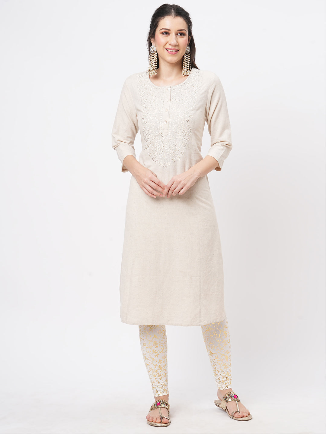 Kurta With Yoke Chikankari Embroidery In Natural Color