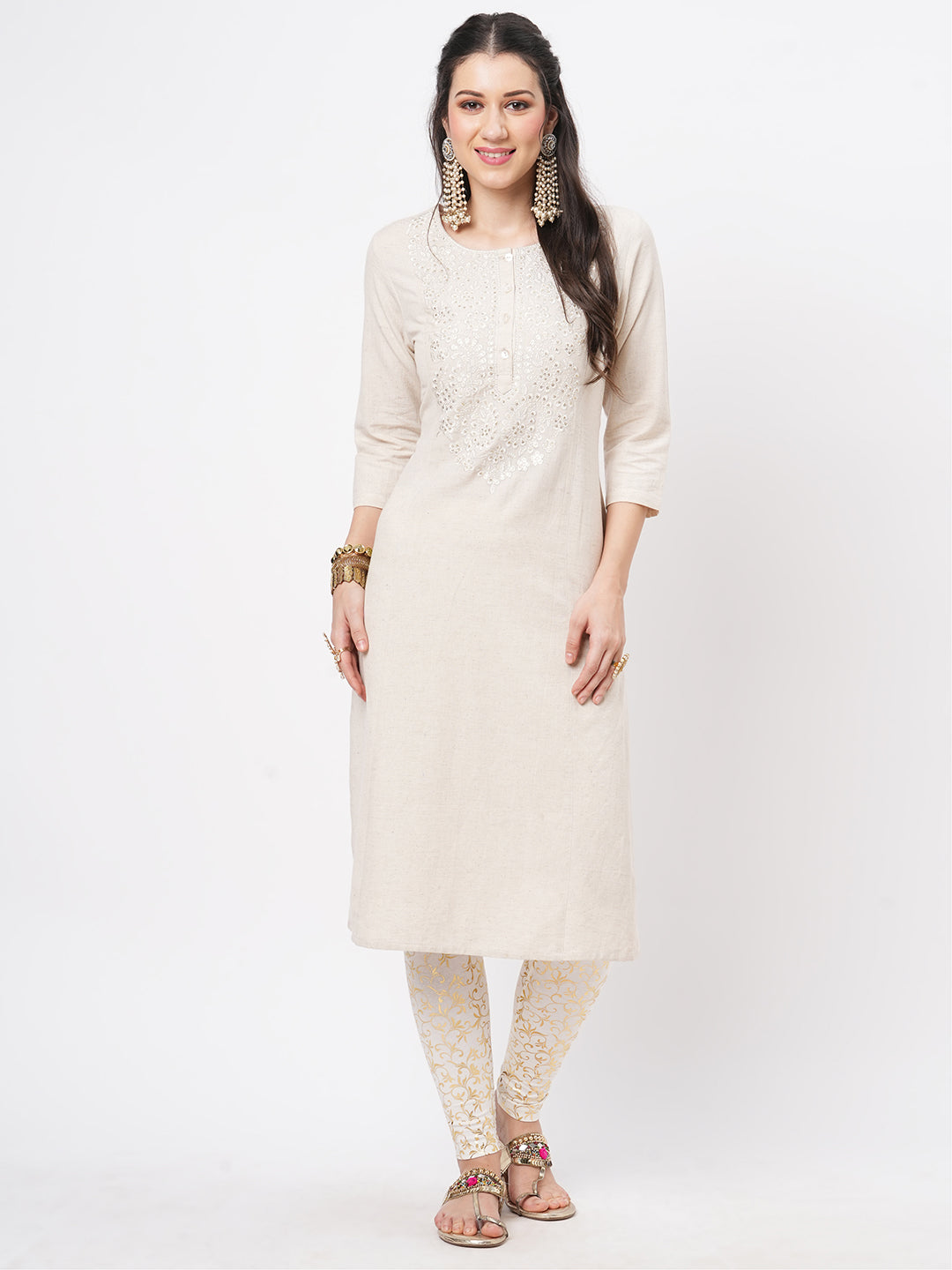 Kurta With Yoke Chikankari Embroidery In Natural Color