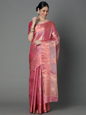 Gajari Chanderi Blend Saree With Bold Motif All Over And Contrast Pallu