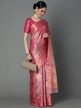 Gajari Chanderi Blend Saree With Bold Motif All Over And Contrast Pallu