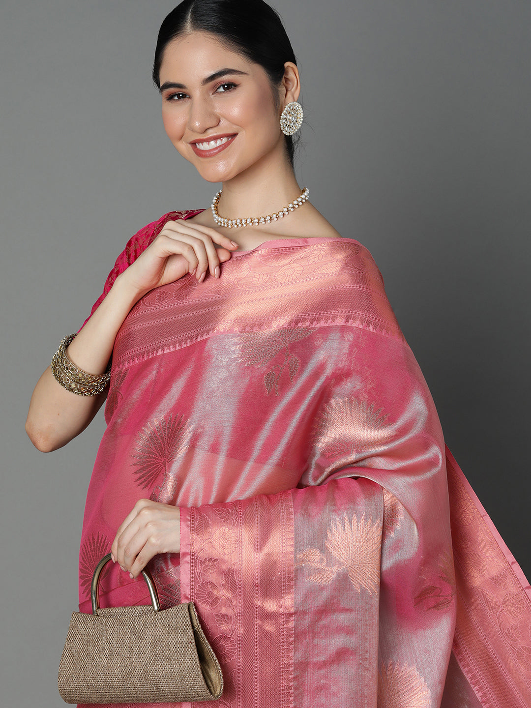 Gajari Chanderi Blend Saree With Bold Motif All Over And Contrast Pallu