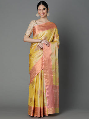 Lemon Chanderi Blend Saree With Bold Motif All Over And Contrast Pallu