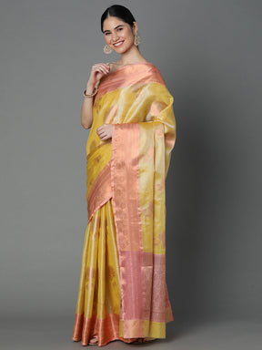 Lemon Chanderi Blend Saree With Bold Motif All Over And Contrast Pallu